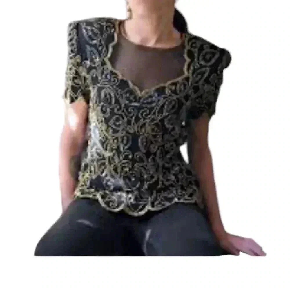 Papell Boutique Elegant Vintage Black & Gold Beaded Sequin Size S - Picture 2 of 7